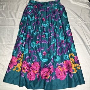 Vintage 80's 90's Floral Midi Gathered Skirt Size 6 Paisley Jewel Tones Magical